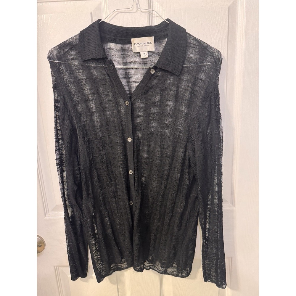 Vintage 90s Emanuel Ungaro Sheer Black Knit Button Front Blouse Women's M USA